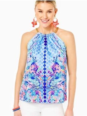 Lilly Pulitzer Blue Multi-Print Halter Camisole with Gold Chain